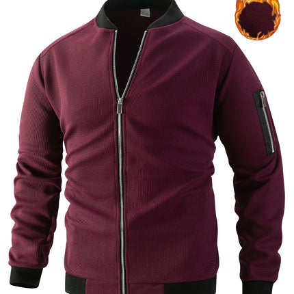 Men's Waffle Solid Color Cardigan Pocket Zipper Thickening Stand Collar Coat