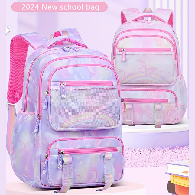 Lightweight Backpack for Girls - Colorful Rainbow & Butterfly Design, Adjustable Strap, Ideal for Elementary