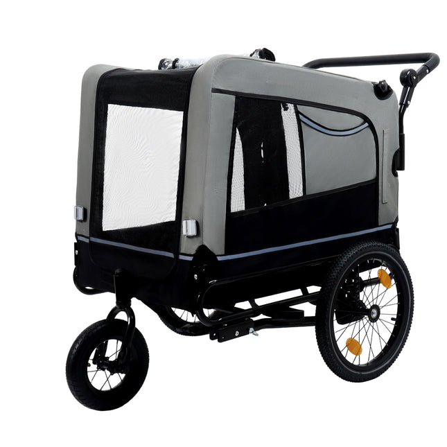 Extra Large 2-in-1 Bike Trailer & Push Cart for Pets - Detachable Bike Hitch & Push Handle Included - All-Terrain Wheels Quick Release, Non-Slip Floor, Internal Leash,  Up to 88 lbs, Black- Grey