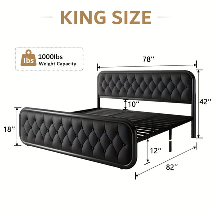 Metal Bed Frame, Platform Bed Frame with Faux Leather Headboard, Heavy-Duty Thicker Metal Steel Slats Support,