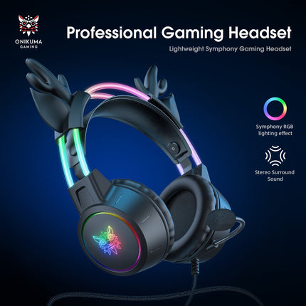 X15pro black RGB wired gaming headphones with a pair of cute deer ears, noise reduction,