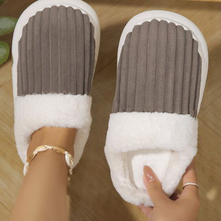 Dark Grey Ribbed Plush Color Block Winter Slippers