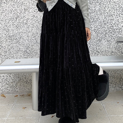 Women'S Elegant Heart Pattern Velvet Skirt - High-Waisted A-Line Long Skirt with Ruffled Hem