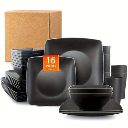 16/32pcs Plastic Tableware Set - Classic Square Lightweight Design, Durable Dinner and Salad Plates,