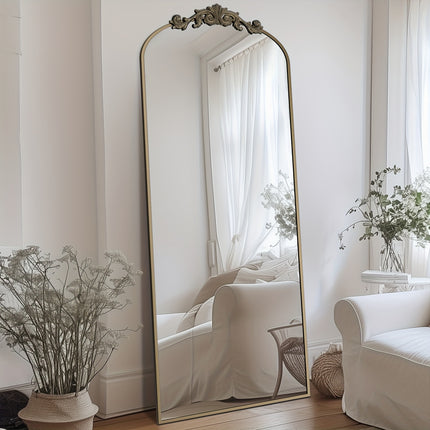 71"x28" Freestanding Arched Mirror with Carved Metal Frame & Bottom - No Assembly Required