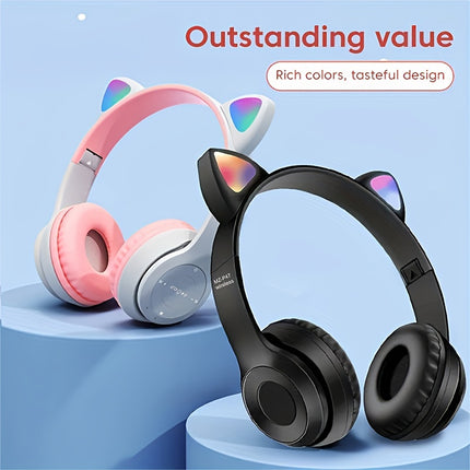 Wireless Headphones, Cat Ears Glow, Foldable Plug-in Card Stereo Headphones Wireless Protocol
