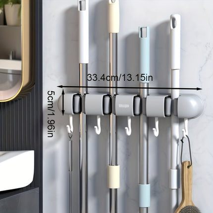 Wall-Mounted Mop and Broom Holder Organizer with Strong Adhesive, 5-Slot Plastic Storage Rack for Bathroom