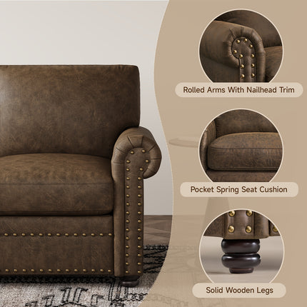 Leather Sofa  Nailhead Trim Deep Seat Rolled Arms 3 Seater, Brown, ONBRILL, Pre-assembled for Various Room Types