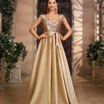 Short Sleeve Bow Belt Sequin Dress, Family Gathering Birthday Party Dress, Elegant and Fashionable Dress,