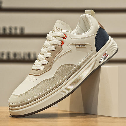 Men's Low-Top Sneakers - White & Light Grey - PU Upper, Cushioned EVA Insole - Lace-Up Closure