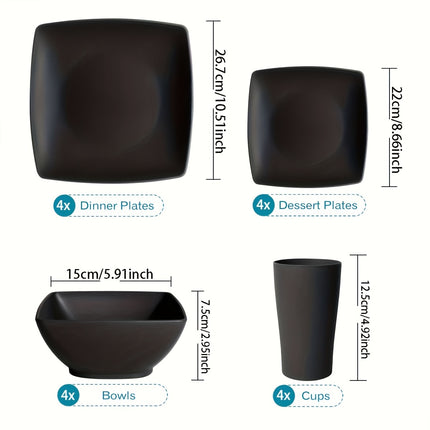 16pcs Plastic Cutlery Set - Featuring a Classic Square Lightweight Design, Includes Dinner Plates