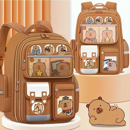 Brown Nylon Backpack with Adjustable Shoulder Straps, Zipper Closure, and Cute Cartoon Design,