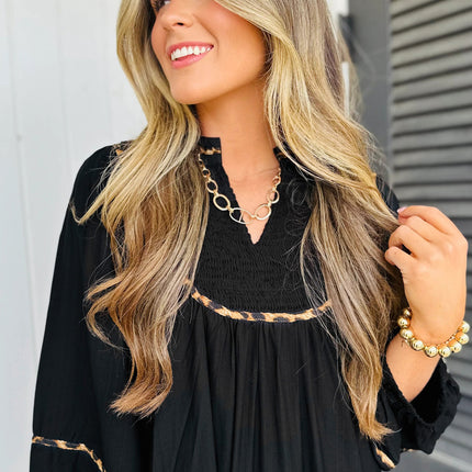 Black Contrast Leopard Trim Split Neck Long Sleeve Casual Midi Dress