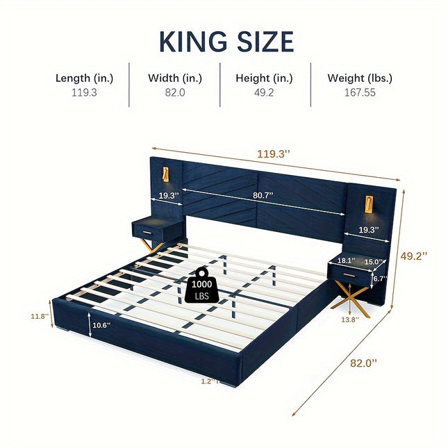 Luxury King/Queen Bed Frame With Built-in Gold LED Lights And Nightstands,