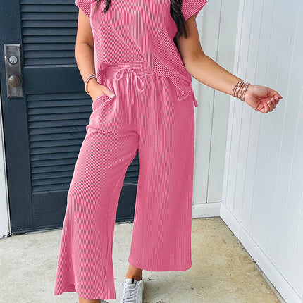 Bright Pink Solid Corded Knit Short Sleeve T Shirt and Wide Leg Pants Set