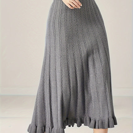 Women'S Elegant Cable Knit Skirt, Viscose, Solid Color, Autumn/Winter Fashion, Knitted (Ribbed) Fabric