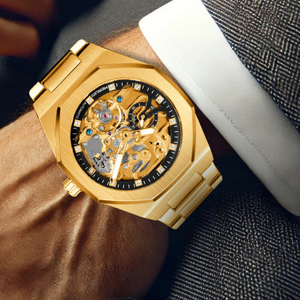 1pc Men'S Yellow & Black Steel Streetwear Rascal Handsome Polygon Automatic Tourbillon