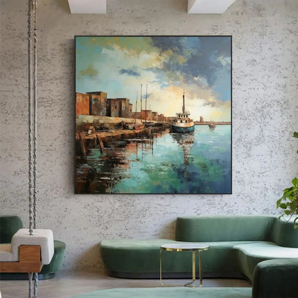 Landscape Oil Painting On Canvas Abstract Pier Scenery Wall Art Custom Boat Painting Bedroom Large Wall Decor Gift Painting