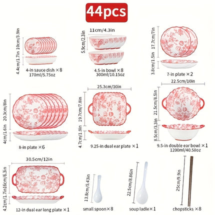 18/33/44pcs Set - Ceramic Tableware Set, French Retro, Red Rose Pattern, Wedding Gift, Can Hold Steak