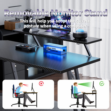 L-Shaped Gaming Desk with Carbon Fiber Surface, Dual Monitor Stands & LED