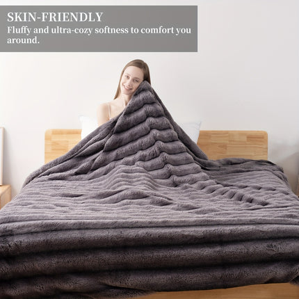 Striped Luxurious Faux Rabbit Fur Throw Blanket Ultra-Soft, Double-sided Blanket, Baby Blanket