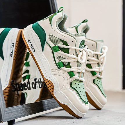 White & Green Casual Sneakers with Breathable Mesh, Durable PVC Sole,