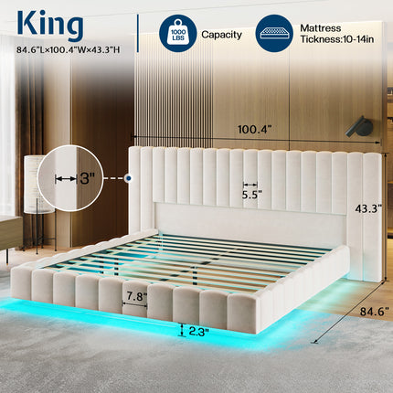 Bed Frame with Wide Headboard, Floating Platform, RGB LED Lights,