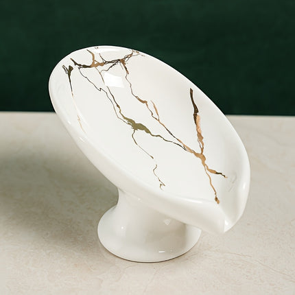 Elegant Ceramic Soap Dish with Leaf Design, Self-Draining Soap Holder, Automatic Drainage Soap Tray