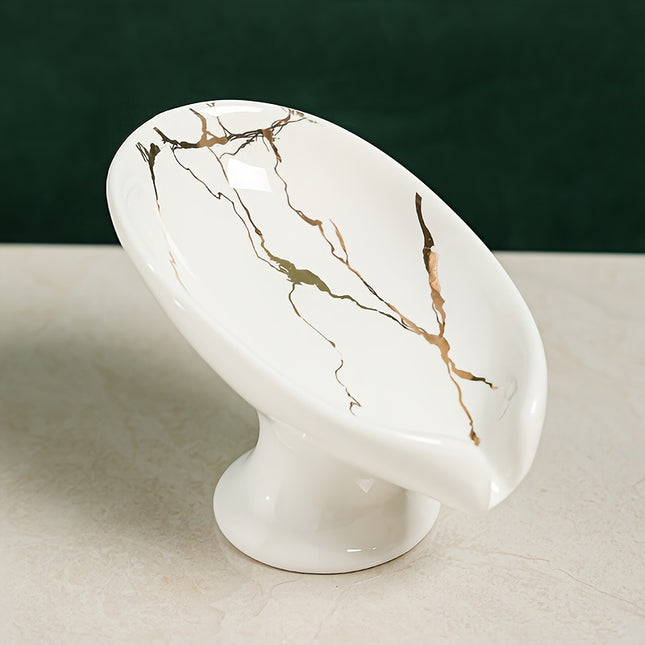 Elegant Ceramic Soap Dish with Leaf Design, Self-Draining Soap Holder, Automatic Drainage Soap Tray