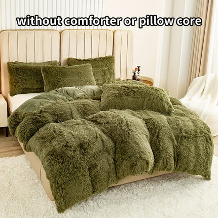 3pcs Solid Color Polyester Plush Duvet Cover Set, Winter Bedding, Machine Washable, Zipper Closure, 250-300g Fabric, Active Print, No Filler, Pillowcases Included