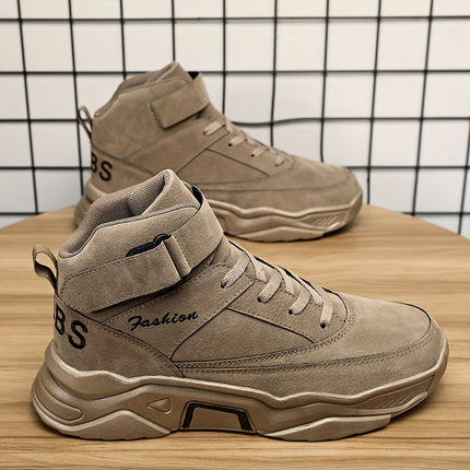 Men's Mid-Top Lace-Up Sneakers, Outdoor Hiking Shoes, Solid Color Thick-Sole Lace-Up Shoes,