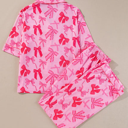 Pink Bow Knot Print Lapel Collar Short Sleeve and Pants Pajamas Set