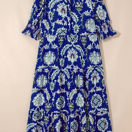 Blue Wild Floral Print Frilled Collar Half Sleeve Long Dress