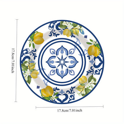 30pcs Disposable Tableware Set Featuring a Lemon And Blue Porcelain Theme, Uncoated Utensils