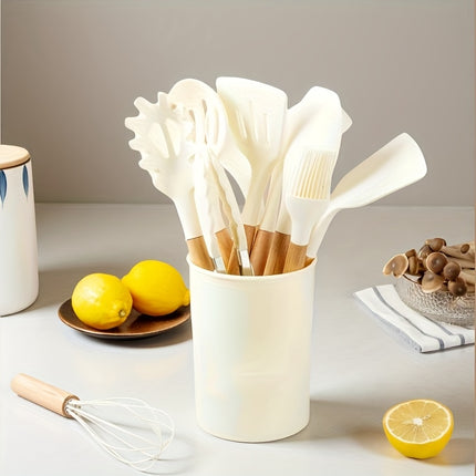 12pcs Silicone Kitchen Utensils with Wooden Handles - Elegant, Non-Stick Spatula And Spoon