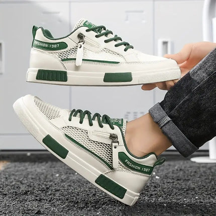Men'S Breathable Mesh Casual Sports Shoes- White and Green Low-top Lace-up Shoes with EVA Cushioning