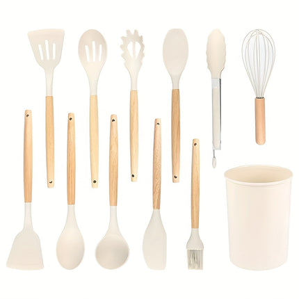 12pcs Silicone Kitchen Utensils with Wooden Handles - Elegant, Non-Stick Spatula And Spoon