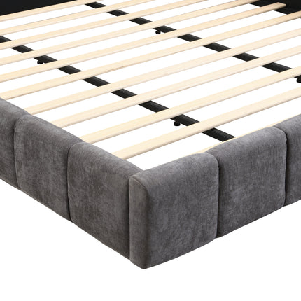 King Size Elegant Soft Chenille Upholstered Bed with Checkerboard Headboard - Frame Bed