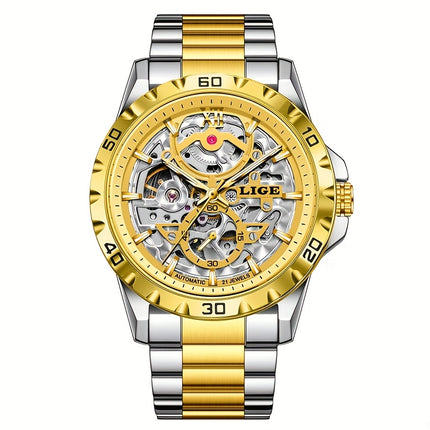 Men'S Mechanical Watch - Elegant Hollow Dial with Stainless Steel Strap,