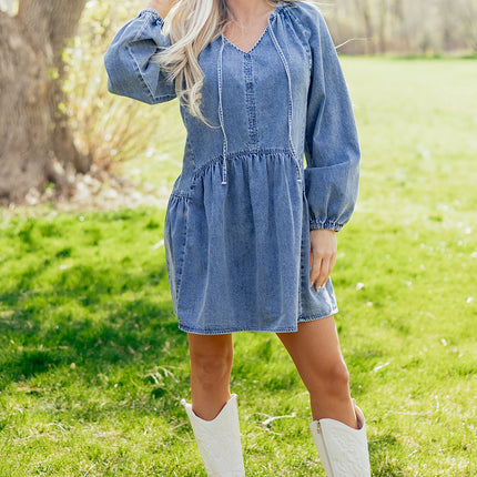 Myosotis Puff Sleeve V Neck Ruffled Loose Denim Mini Dress