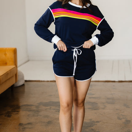 Bluing Colorful Striped Accent Varsity Long Sleeve Pullover and Shorts Matching Set