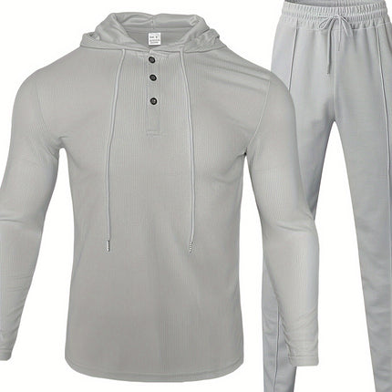 Men's Casual Sportswear Set - Hooded Long Sleeve Top & Joggers with Drawstring, Polyester Blend, Perfect for Spring/Fall Outdoor Activities