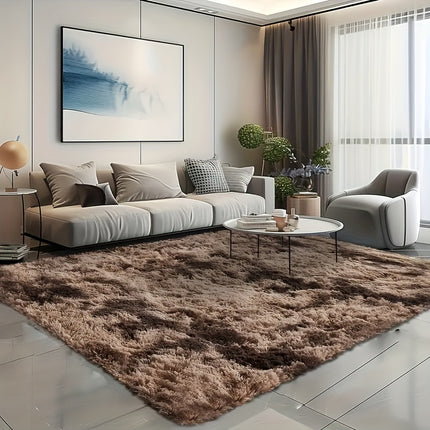 A Tie-Dye Coffee-Colored Plush Rug - a Rectangular Mat Designed for The Living Room, Bedroom