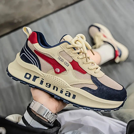 Men'S Versatile Low-Top Sneakers for All Seasons in a Beige, Navy Blue, And Red Mix