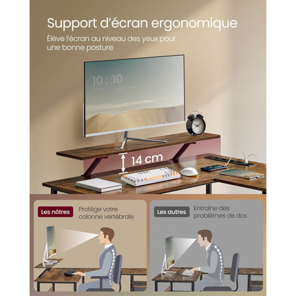 Shaped Desk with Power Strip, Corner Desk, Computer Desk with Screen Riser, Gaming Desk with LED,