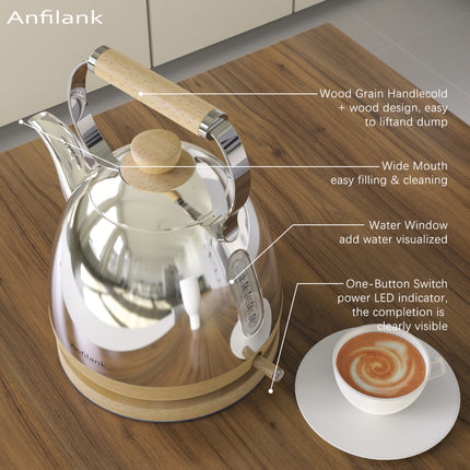 Stainless Steel Electric Kettle | 1500W Silver Wood Grain Design, Fast Boil, Anti-Dry Burning,