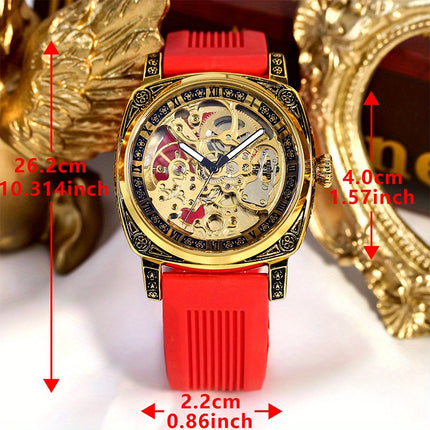 1pc Men's Vintage Mechanical Watch - Automatic winding, Roman Numerals, Golden-Tone case & Red Strap,