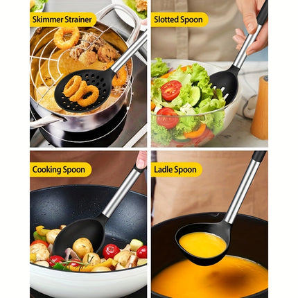 9pcs Silicone Kitchen Set with a Holder, Non-Stick Cookware Featuring Stainless Steel Handles,