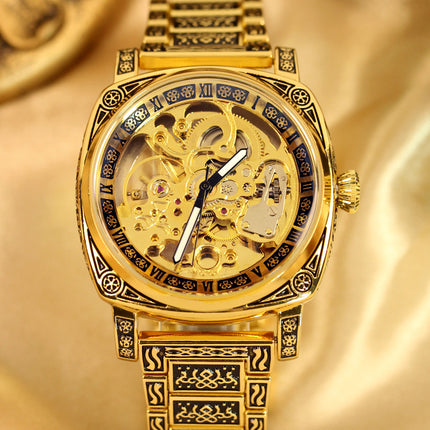 1pc Men'S Black and Yellow Steel Strip Party Style Exquisite Carving Fully Automatic Ancient Roman Mechanical Watch