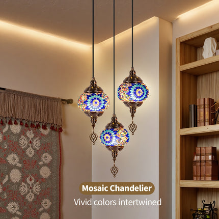 Turkish-moroccan Mosaic three-head ceiling lamp, E27 lamp holder, handmade glass